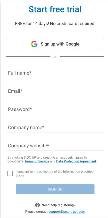 Sign up with Google on the Scantrust Pro and e-label sign-up pages